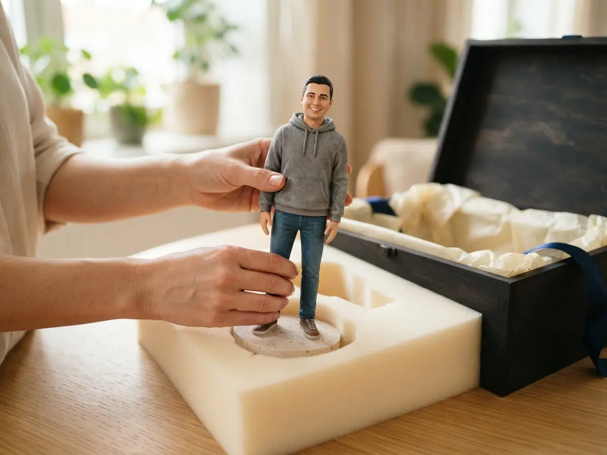 3D-фігурка в подарунковій коробці: жіночі руки кладуть фігурку в коробку з м'яким ложементом